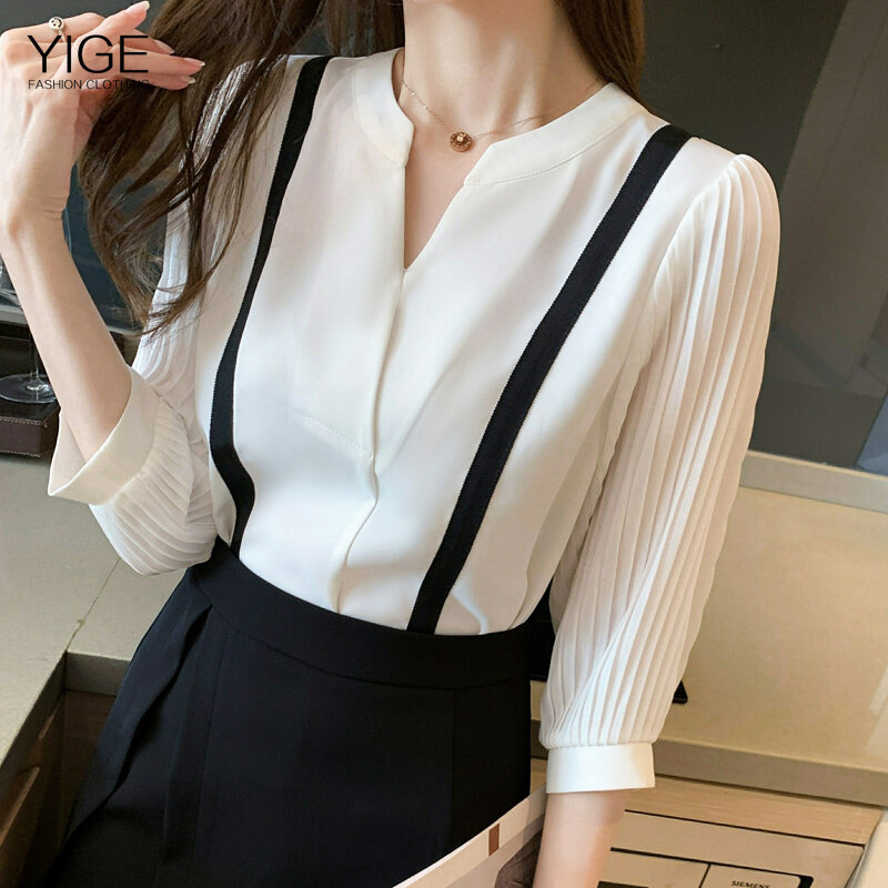 YIGE Elegant Blouse Dress Plus Size Summer 2022 V-Neck Chiffon Tunic