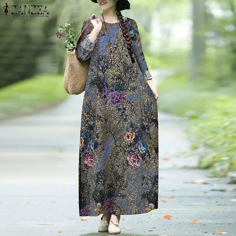 ZANZEA Womens Vintage Cotton Long Sleeve Floral Printed Casual Loose Kaftan Baggy Dress